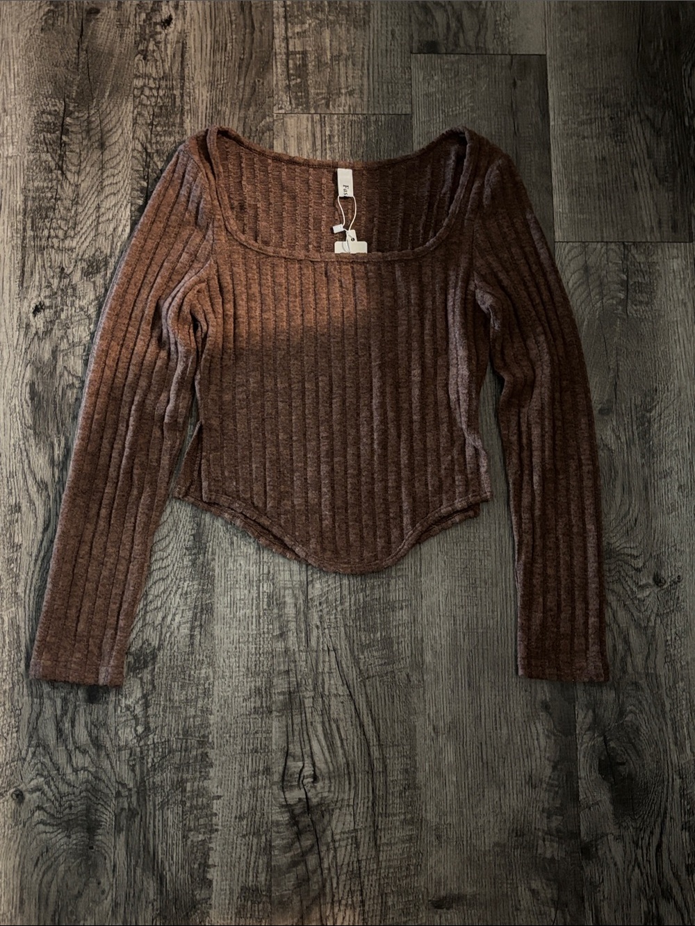 Ribbed Scoop-Neck Long Sleeve Top - Brown - Size XSmall